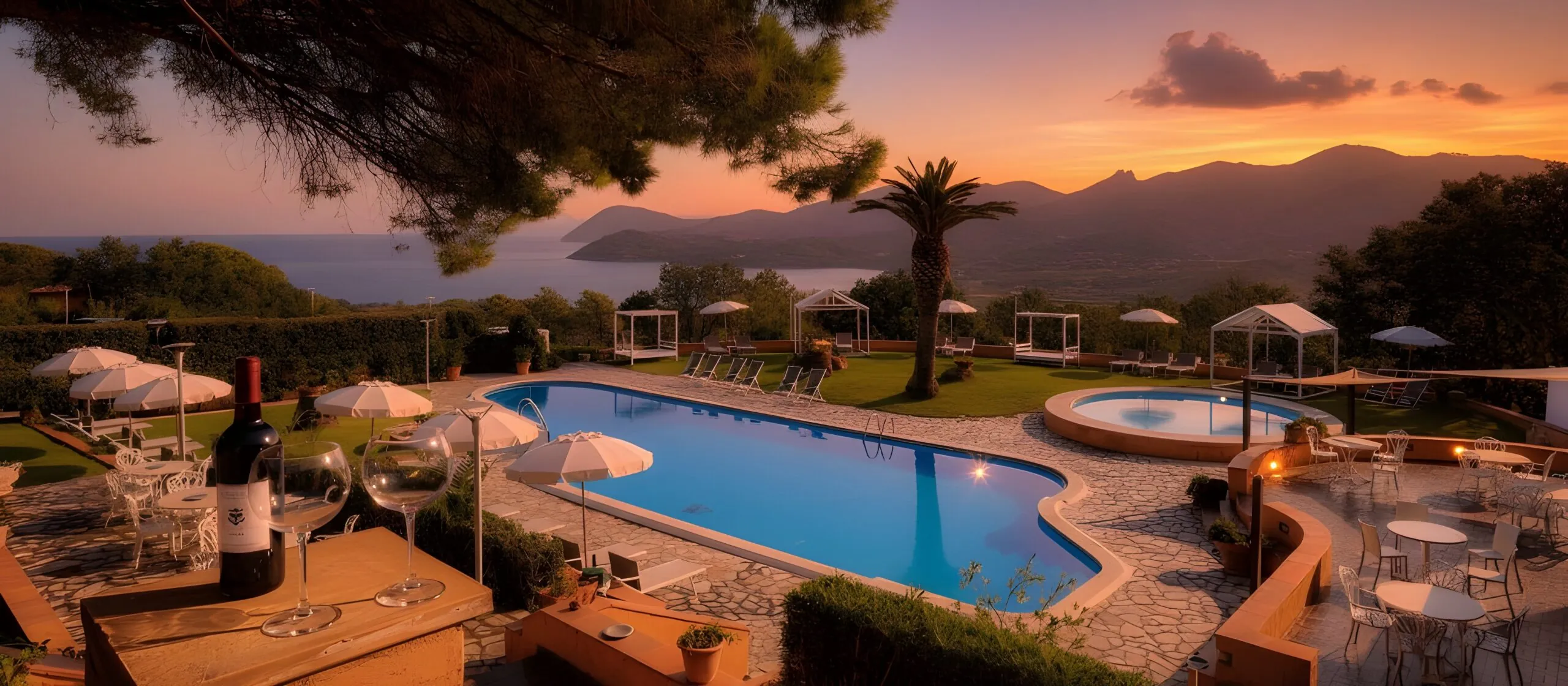 Piscina e panorama al tramonto a Le Picchiaie Resort